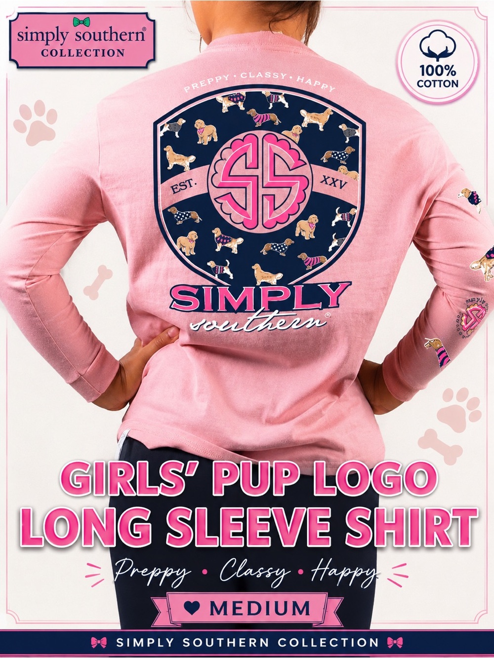 Simply Southern Pink Long Sleeve Tee with Dogs All over & SS Logo NEW